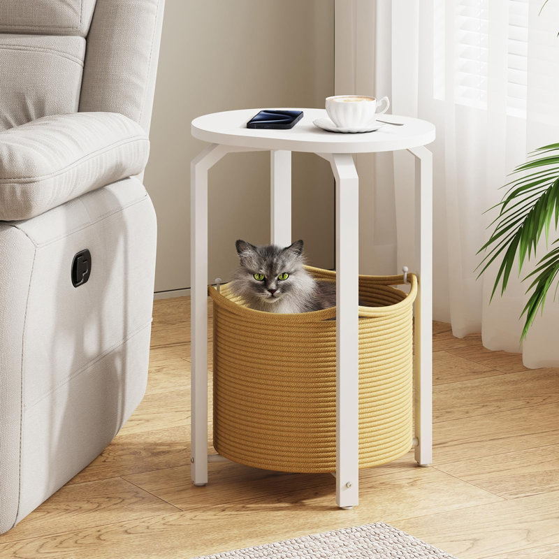 Ensemble de 2 tables de bout ovales, table d'appoint avec panier de rangement tissé, Blanc, Blanc, Blanc