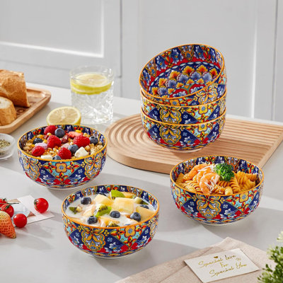 Ensemble de bols bohémiens en céramique de 6 bols à soupe colorés de 28 oz pour la cuisine, le micro-ondes et le lave-vaisselle pour la salade, les pâtes, le riz, l'avoine et les fruits, durable et sans plomb