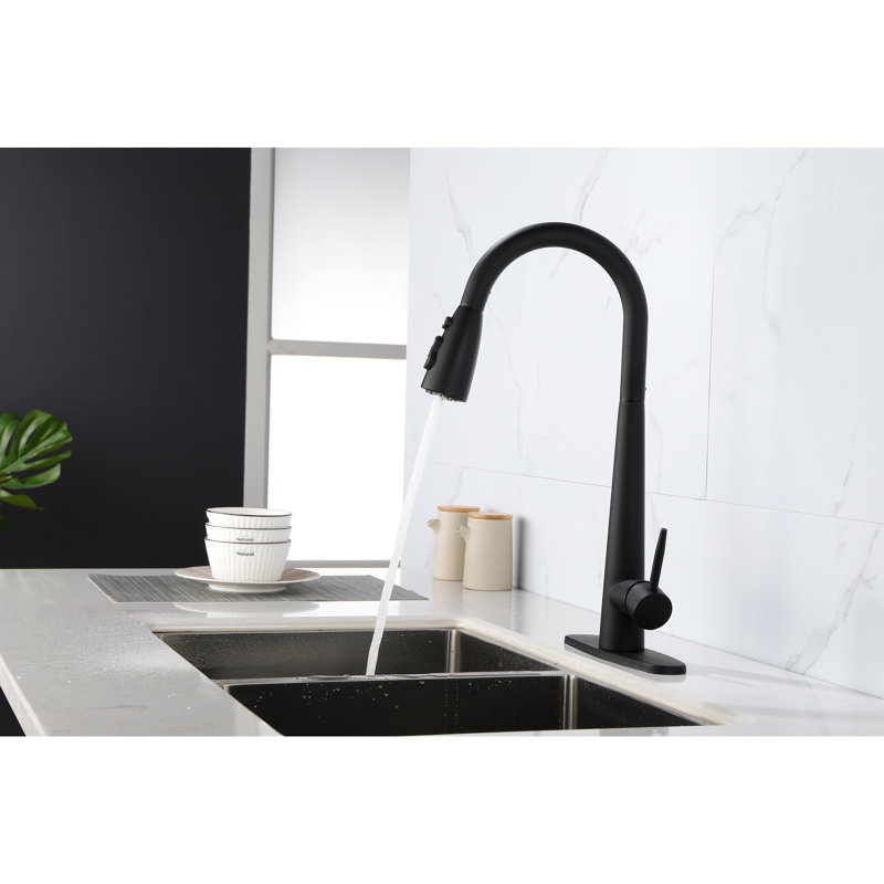 Matte Black Kitchen Faucet With Pull Out , Stainless Steel, Single Handle, Modern Design, Easy Installation Process Fingerprint Faucet, Down Hole Deck Mount, Simple To Install And Operate