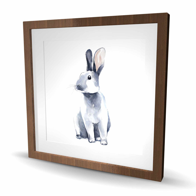 Gray curious rabbit - Framed matted print for home decor