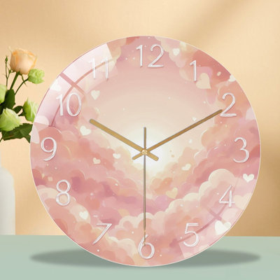 Clock Face With Pink Clouds And Hearts Art - 12'' Modern Glass Wall Clock