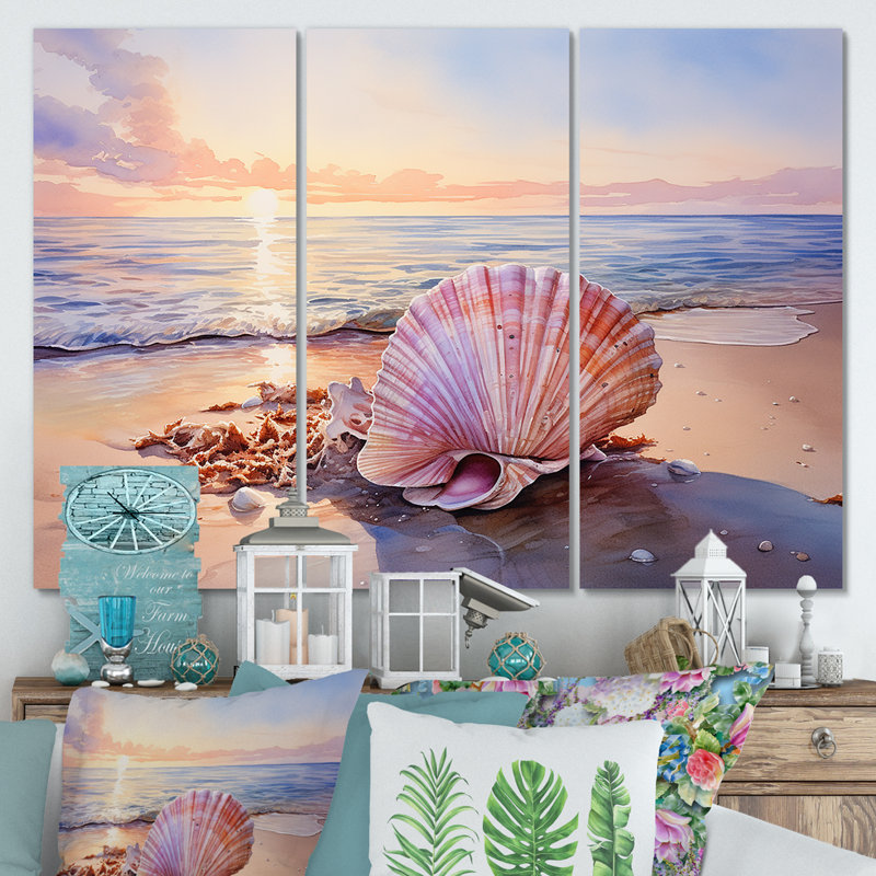 Coastal Treasures Sunset Seashell II - plage, art mural, Toile tendue, H 28 po x l 36 po