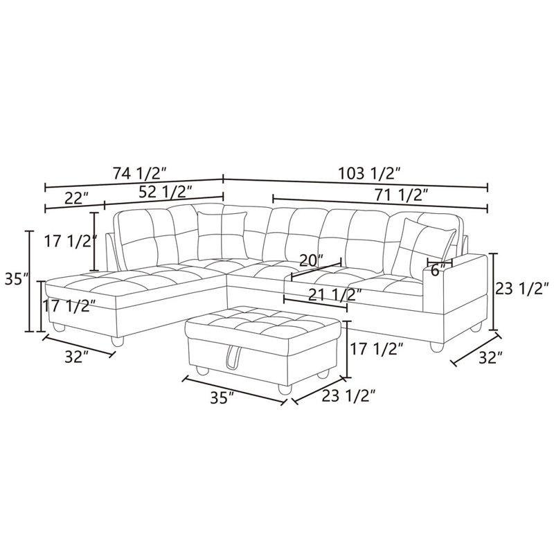 Canapé modulaire 3 pièces en flanelle rouge et PVC Beeson, faisant face à la gauche, Face à la gauche