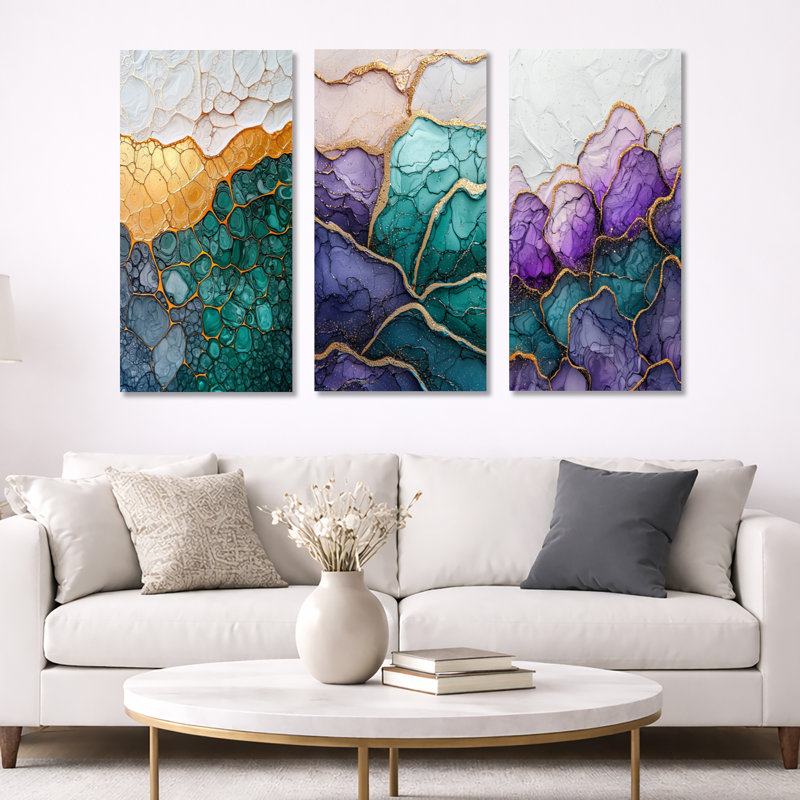 Geode River of Emerald and Agate - Gold Geode, art mural encadré 3 pièces, H 40 po x l 60 po, Toile tendue