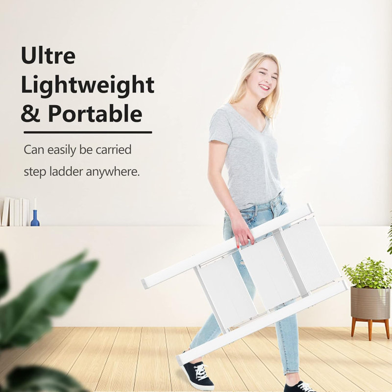 Step Ladder 3 Step Folding, Small Step Stool For Adults, Portable Anti-Slip Iron Stepladder With Wide Pedals For Home And Kitchen Use, Space Saving - White (300 Lbs)