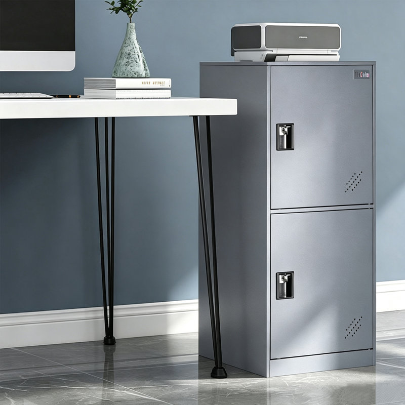 Small Locker Cabinet With 2 Doors And Lock Latch Grey