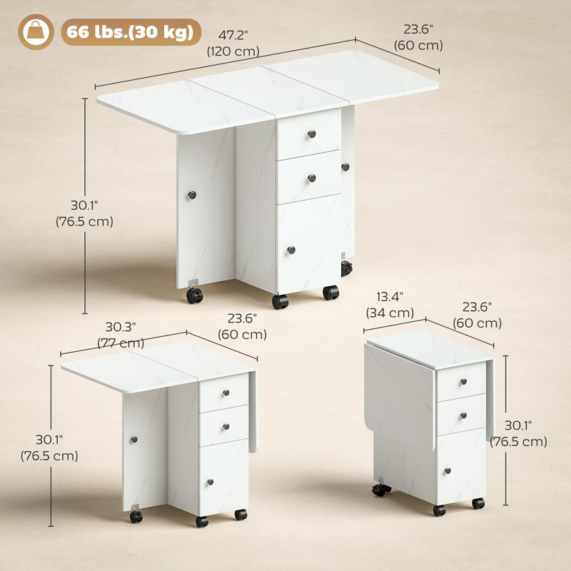 Foldable Dining Table, Drop Leaf Table on Wheels, Marble White