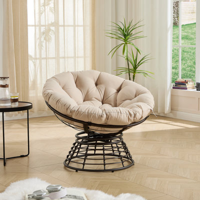 Fauteuil Papasan ergonomique et confortable, fauteuil pivotant à 360 ° pour l'intérieur et l'extérieur avec coussin épais et doux, idéal pour le salon, la chambre à coucher, la salle de lecture, structure brune avec coussin beige