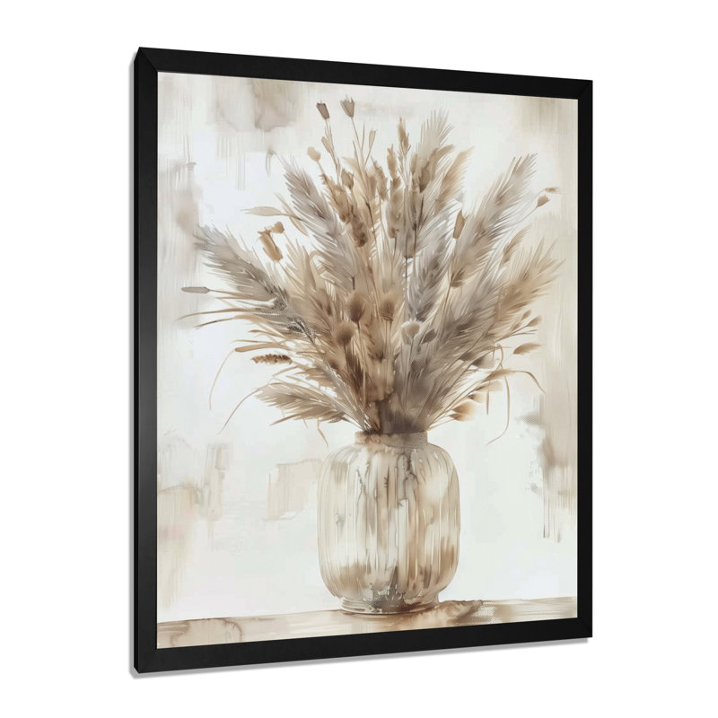 Beige blanc Boho Plant Chic I - Boho Feather Wall Art Living Room, H 24 po x l 32 po, Cadre simple noir