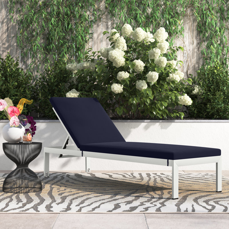 Shore Outdoor Patio Aluminum Chaise with Cushions, Silver, Navy