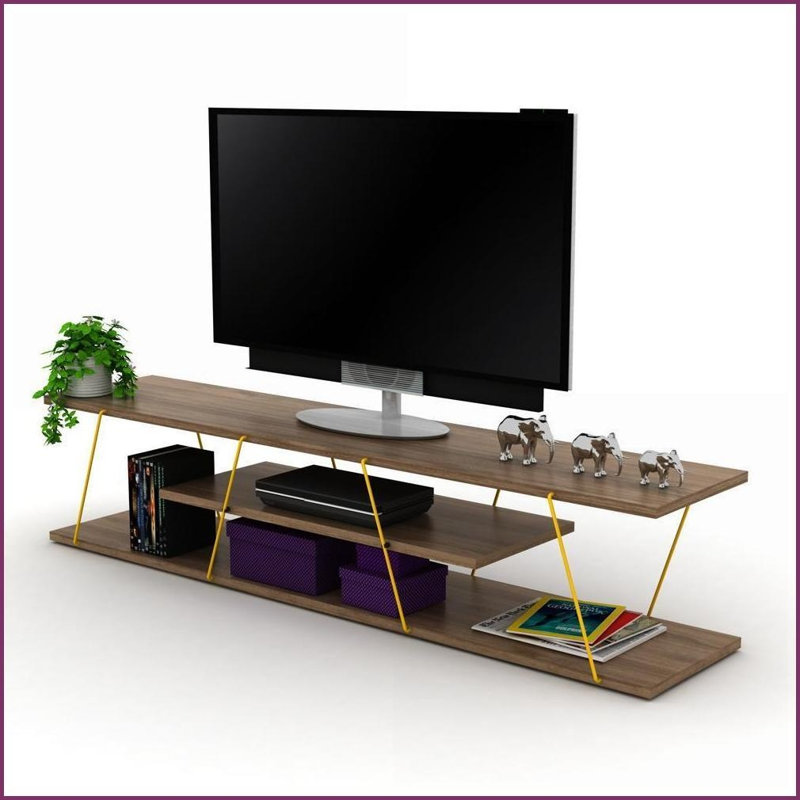 TV Furniture | Mid Century Modern 56in TV Stand, 4 Open Shelves, Metal Cord Management, Walnut/Yellow | Walnut | TV Size Ranges