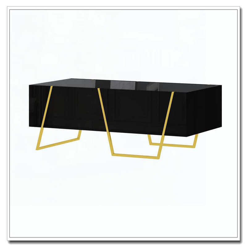 Table basse rectangulaire ultrabrillante pour le salon avec rangement et base dorée, 4 tiroirs
