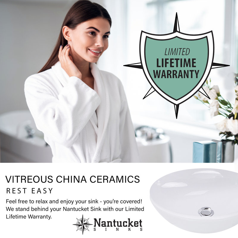 White Round Vitreous China Vessel Sink with Overflow