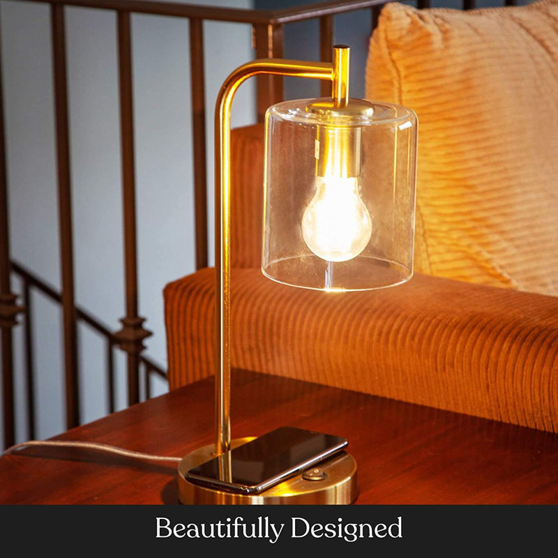 Elizabeth Brass and Glass 16" Desk Lamp with USB and Wireless Charging