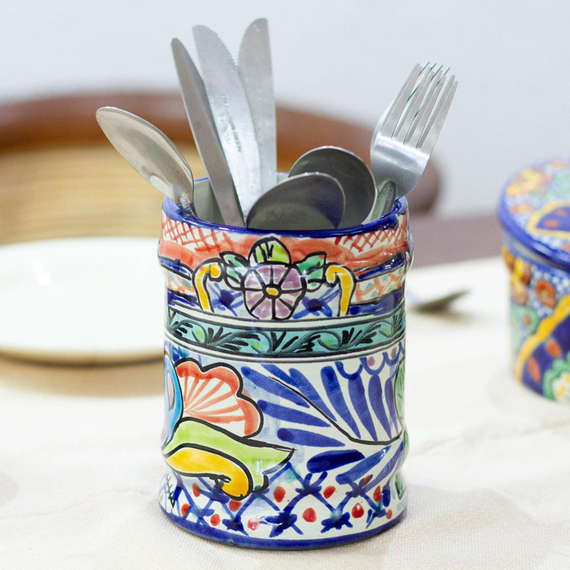 Novica Handmade Colonial Guanajuato Ceramic Utensils Holder