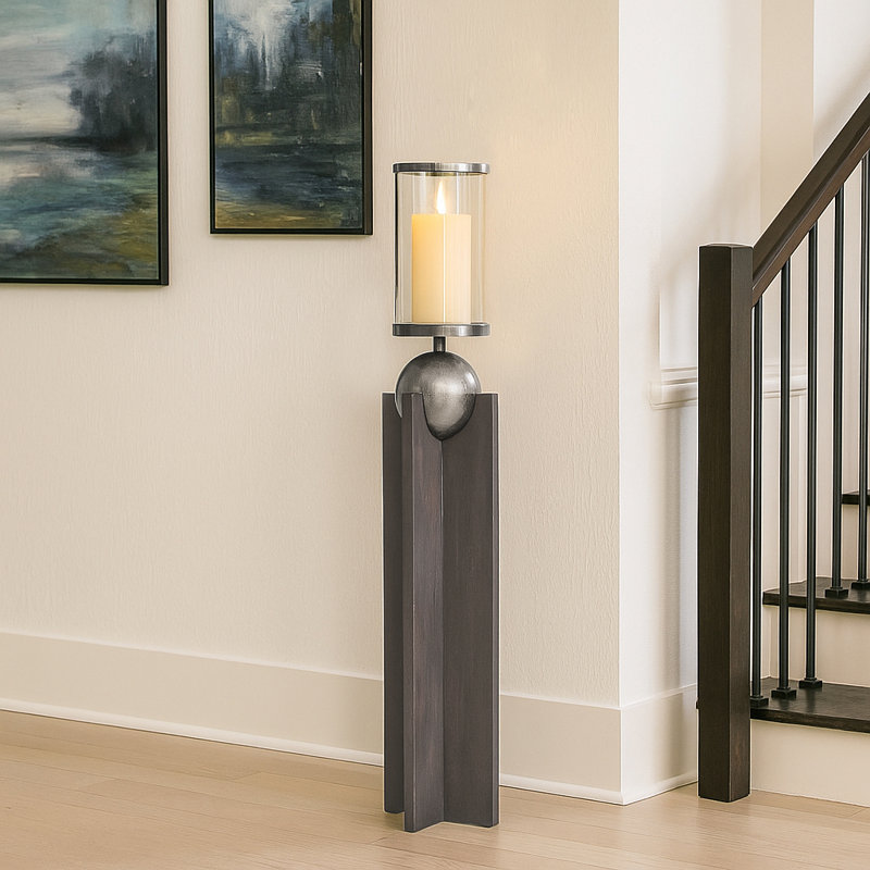Modern Wood Pillar Candle Holder with Metal Sphere Accent - Decorative Tall Tabletop Candlestick Holder for Living Room - Grey
