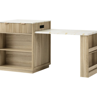 Îlot de cuisine avec table extensible pour 2 à 6 personnes, espace de rangement double, bords arrondis, poignées en métal doré et ports de chargement USB-C. Chariot cannelé de 210 cm (82,6 po), tiroir coulissant de 130 cm (51,1 po), design bicolore, niveau latéral.
