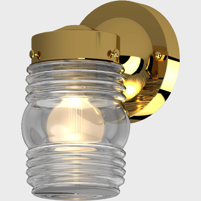 1-Light Outdoor Polished Brass Wall Mount Wall Armed Sconce with Clear Ribbed Jelly Jar Glass Shade, Polished Brass