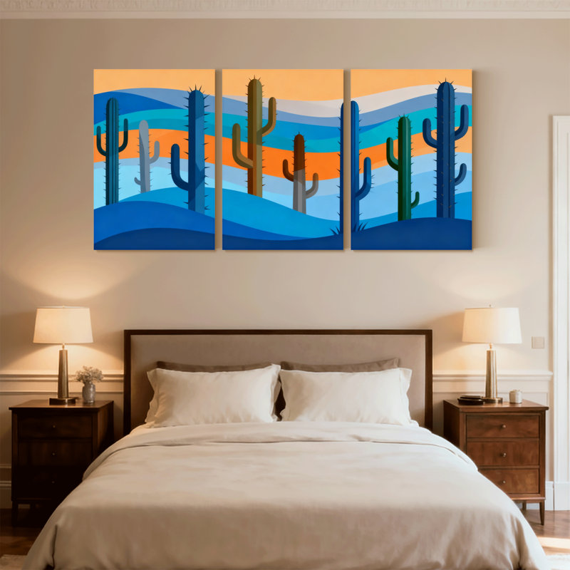 Cactus, paysage désertique, coucher de soleil, horizon, réflexion sur toile, ensemble de 3 impressions sur toile