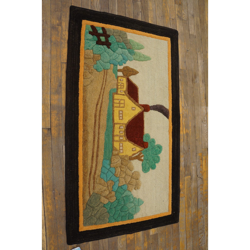 Antique Artistic American Folk Art Scenic Cabin Design Hooked Rug