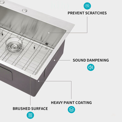 Évier de cuisine à simple cuve en acier inoxydable de calibre 16 de 28 po x 22 po x 10 po, durable et facile à nettoyer