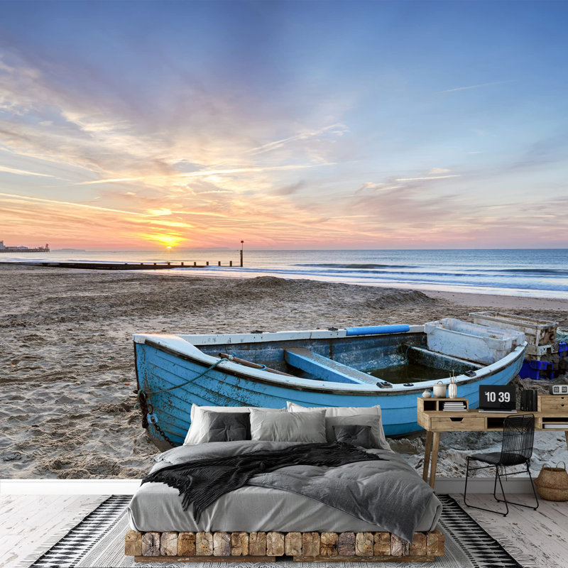 Grand papier peint auto-adhésif avec bateau de pêche turquoise au lever du soleil sur la plage, L 66 po x l 96 po