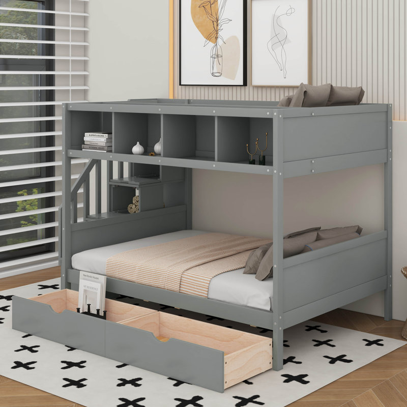 Lit simple superposé au dessus d'un lit double avec tablettes, escalier de rangement et 2 tiroirs, Gris