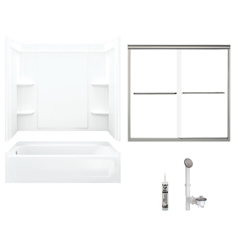 60" W x 73" H Frameless Rectangle Sliding Tub & Shower Kit with Towel Bar and Base Included, Nickel
