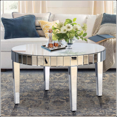 Dazzling Silver Round Coffee Table with Starburst Mirror Mosaic, Glass Top for Living Room, Luxury Sofa Centre Table,  Decor