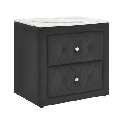 Table de chevet rectangulaire moderne 1pc avec plateau en faux marbre, revêtement en tissu et deux tiroirs de rangement spacieux