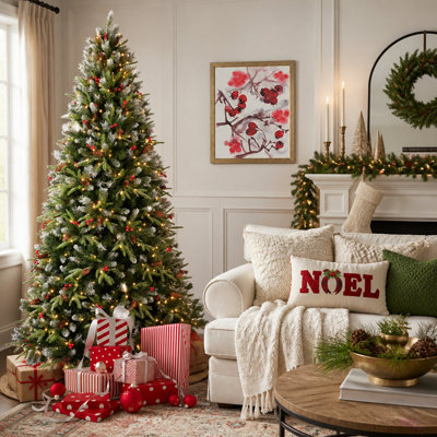 9FT Christmas Tree With 750 Warm  LED Lights – 3750 Snow-Tipped PE+PVC Branches,  Berries & Pine Cones, Hinged Design, Stable Metal Stand – Realistic Holiday Decoration