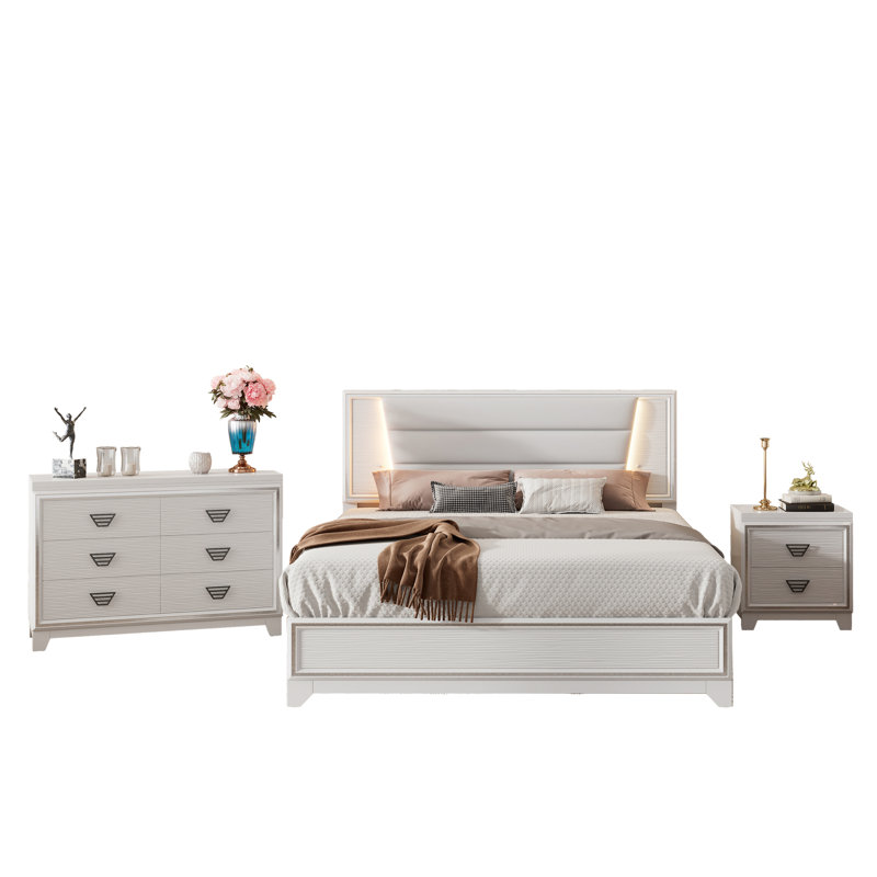 Ensemble de chambre à coucher 3 pièces pour grand lit tapissier avec lumières DEL, tables de chevet et rangement, Blanc