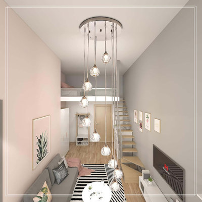 Lustre d'escalier moderne 10 lumières en cristal avec lustre d'escalier, grands lustres pour hauts plafonds, vestibule, luminaire moderne en forme de goutte d'eau de 67 po de longueur pour maisons de campagne et escaliers, longueur réglable