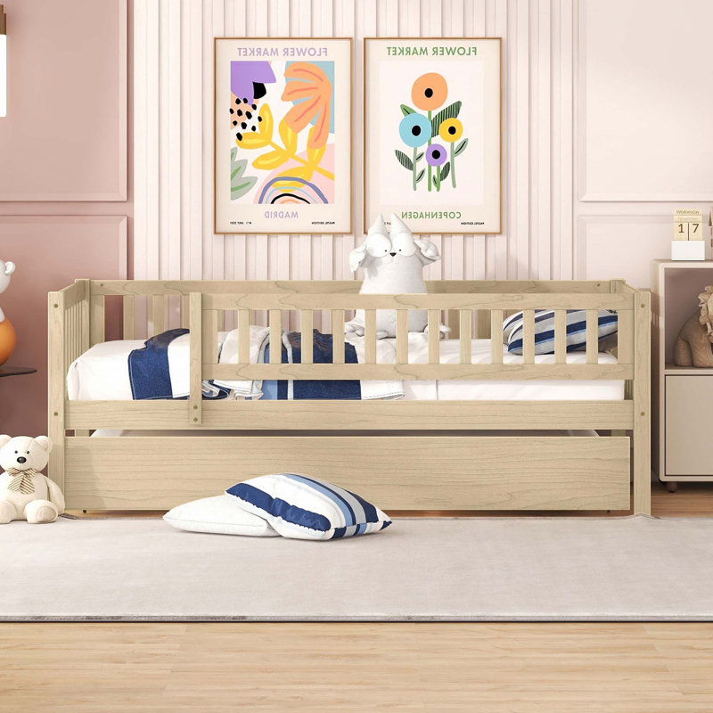 Wood Daybed with Trundle and Fence Guardrails, Natural, Twin