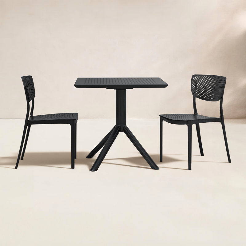 Farrah Square Stackable Plastic 3-Piece Patio Dining Set, 29.5" H x 27.5" L x 27.5" W, Black