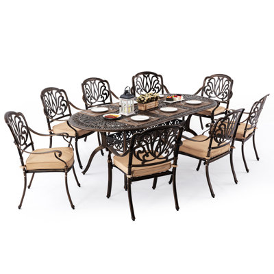 9 Outdoor Dining Set Cast Aluminum Retro Patio Dining Set For 8 Includes 86.6’’ Oval Table And 8 Chairs With Cushion And Umbrella Hole For Patio Deck by Bloomsbury Market