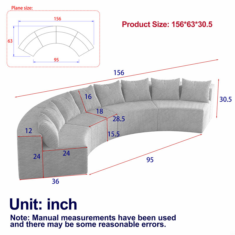 Canapé modulaire incurvé avec 8 coussins Corduroy, H 30,5 po x l 156 po x P 36 po, Velours côtelé noir