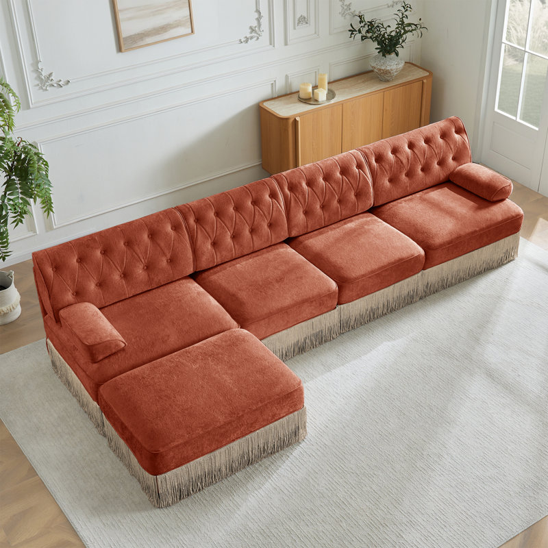 Canapé Chesterfield, H 34,2 po x l 135,6 po x P 60,3 po, 4, Rouge / Brun