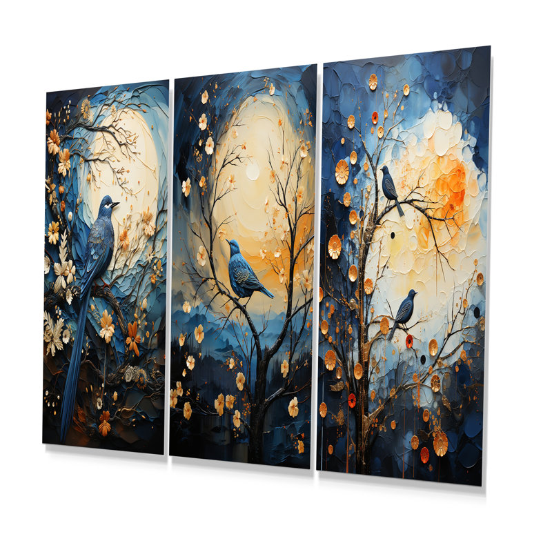 Ensemble de 3 décorations murales Springime Blue Bird Singing Blooms I - Bird, H 32 po x l 48 po