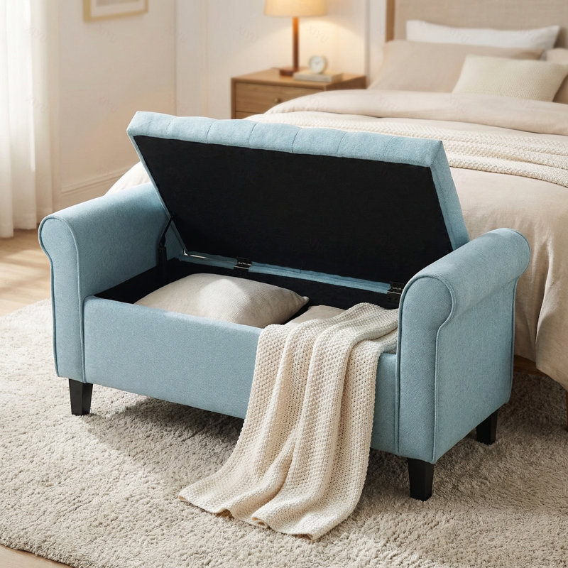 Banc de rangement en tissu avec accoudoirs roulés, siège d'une largeur de 38 po, pieds noirs, conception en tissu à boutons, mobilier d'entrée de salon, de chambre à coucher