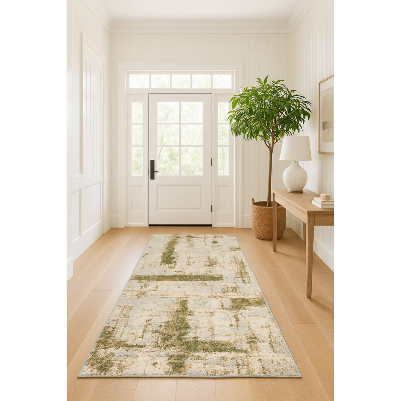 Tapis de couloir intérieur abstrait vert / beige 2 pi x 15 pi (2 pi 3 po x 15 pi) Silvan de Branch Branch