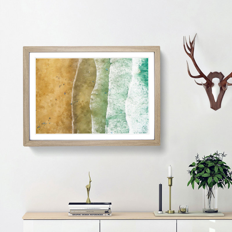 Newquay Beach in Cornwall - Picture Frame Graphic Art Print, 45cm H x 63cm W x 2cm D, Oak Framed