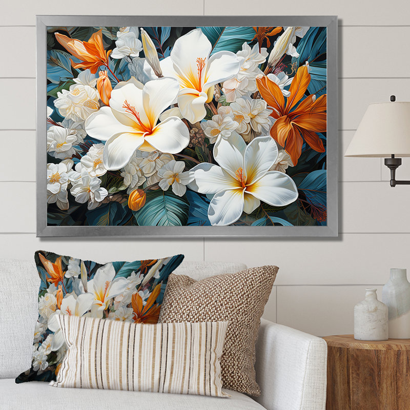 Fleur de plumeria beige et blanche, H 24 po x l 32 po x P 1 po, Cadre simple argenté