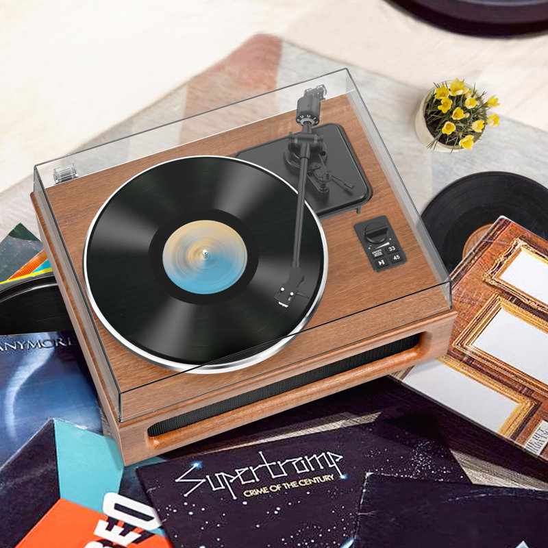 Vintage Brown MDF Belt Drive Turntable with Built-In Speakers