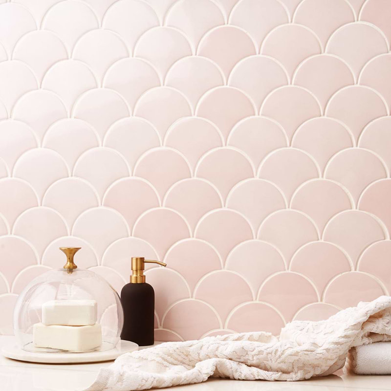 Highwater 5" Fish Scale Polished Ceramic Tile, Rose Pink
