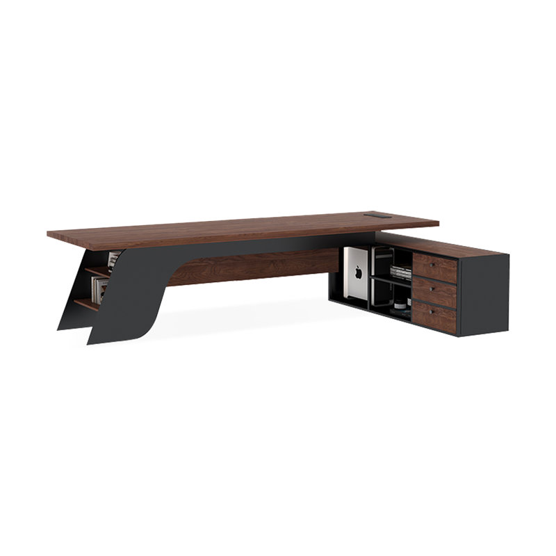 Bureau en bois massif en forme de L brun noyer + noir + acier au carbone avec 3 tiroirs, H 29,53 po x l 86,61 po x P 59,06 po