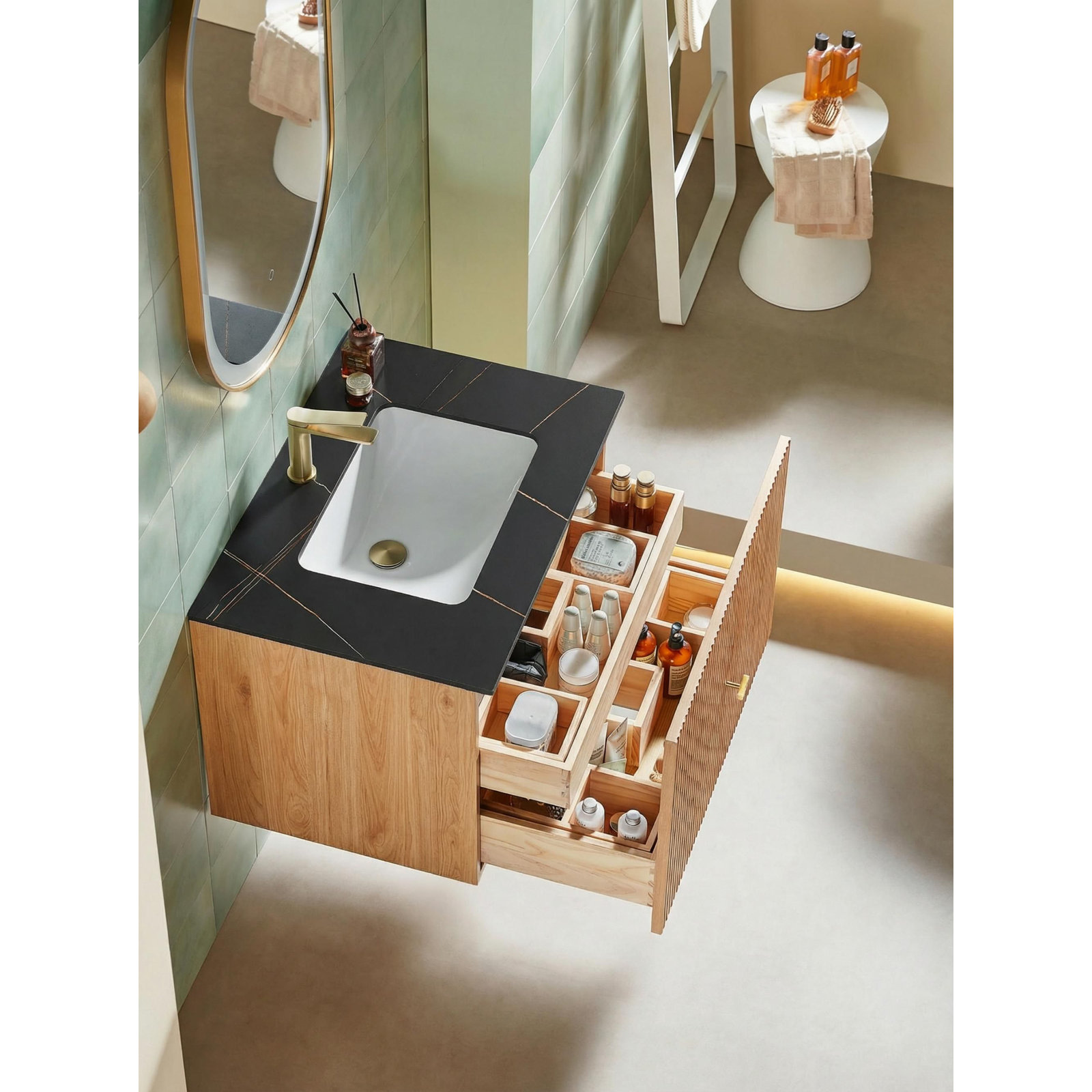 Jamell 30'' Single Bathroom Vanity, Black, Natural Oak