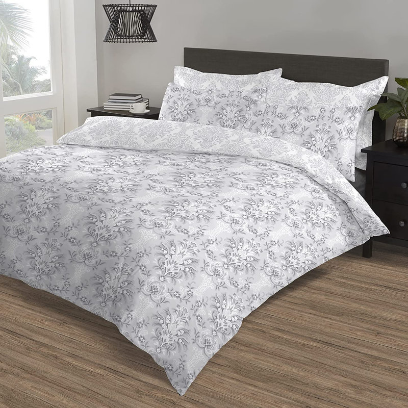 NightComfort Damask Grey Cotton Rich Duvet Cover Set with Pillowcase, Double - 2 Standard Pillowcases