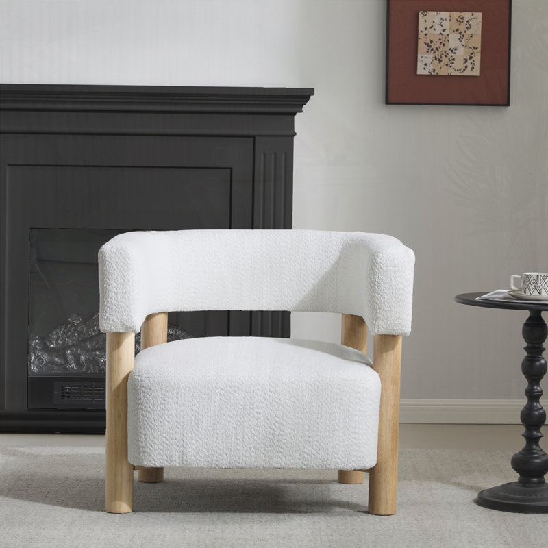Lejon Boucle Upholstered Accent Chair With Rubberwood Legs, Natural Wood, White