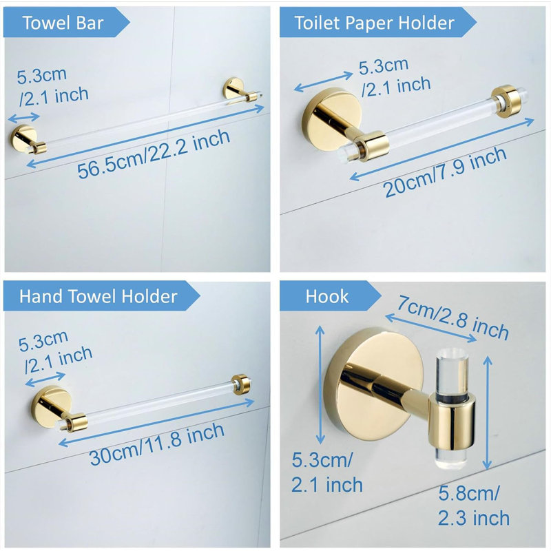 Acrylic Gold Bathroom Hardware Set - 4-Piece Wall Mounted Towel Bar, Towel Rack, Toilet Paper Holder And Hook Set - Durable Bathroom Accessories For Modern Decor